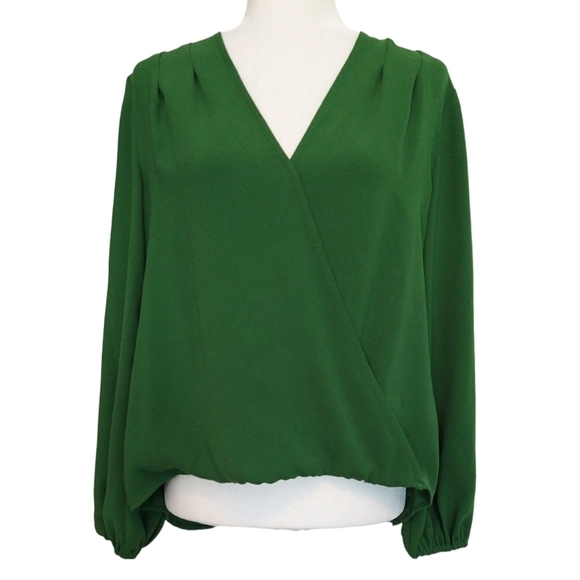 Trina Turk Bask Green Faux Wrap Surplice Neck Long Sleeve Blouse Elegant - Picture 1 of 9